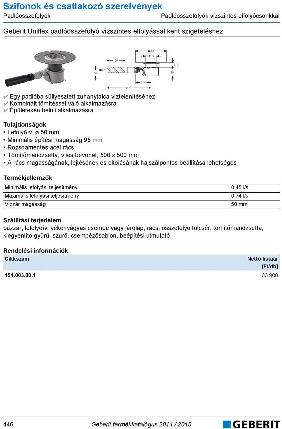 rács Tömítőmanzsetta, vlies bevonat, 500 x 500 mm A rács magasságának, lejtésének és eltolásának hajszálpontos beállítása lehetséges Minimális lefolyási teljesítmény Maximális lefolyási teljesítmény