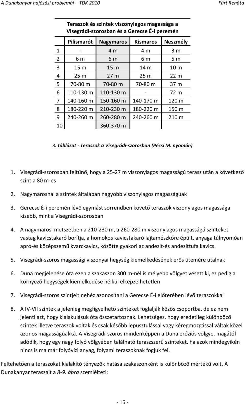 táblázat - Teraszok a Visegrádi-szorosban (Pécsi M. nyomán) 1. Visegrádi-szorosban feltűnő, hogy a 25-27 m viszonylagos magasságú terasz után a következő szint a 80 m-es 2.