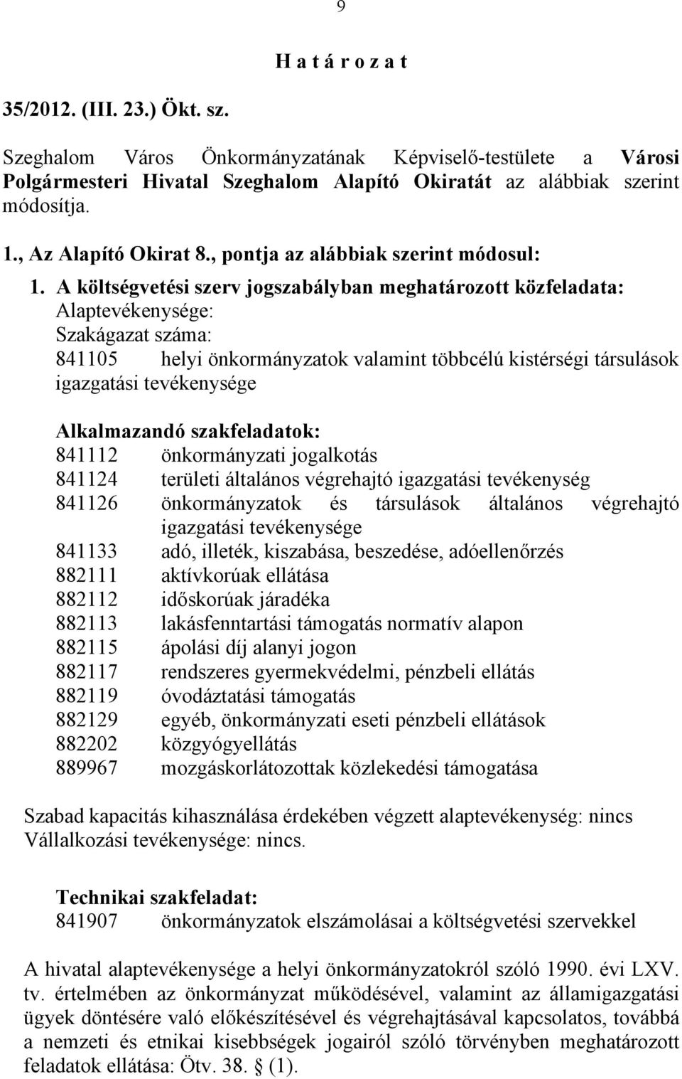 A költségvetési szerv jogszabályban meghatározott közfeladata: Alaptevékenysége: Szakágazat száma: 841105 helyi önkormányzatok valamint többcélú kistérségi társulások igazgatási tevékenysége