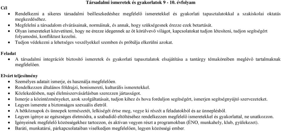 tudjon létesíteni, tudjon segítségért folyamodni, konfliktust kezelni Tudjon védekezni a lehetséges veszélyekkel szemben és próbálja elkerülni azokat Feladat A társadalmi integrációt biztosító