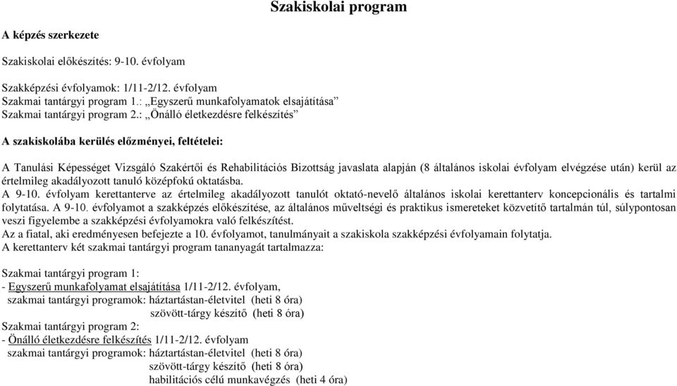 iskolai évfolyam elvégzése után) kerül az értelmileg akadályozott tanuló középfokú oktatásba A 9-10 évfolyam kerettanterve az értelmileg akadályozott tanulót oktató-nevelő általános iskolai