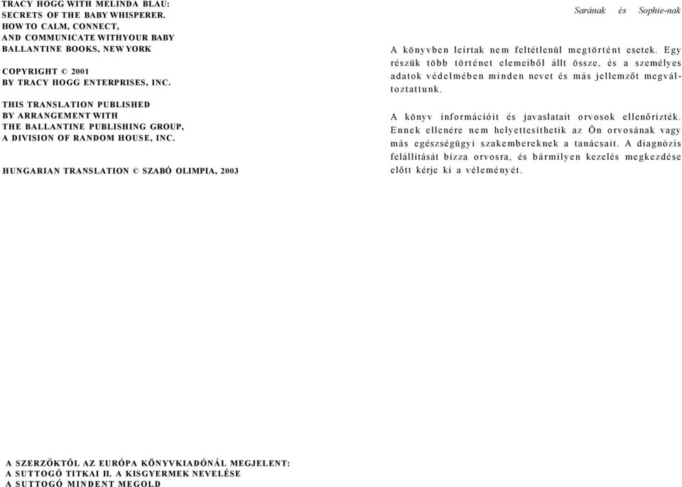 HUNGARIAN TRANSLATION SZABÓ OLIMPIA, 2003 Sarának és Sophie-nak A könyvben leírtak nem feltétlenül megtörtént esetek.