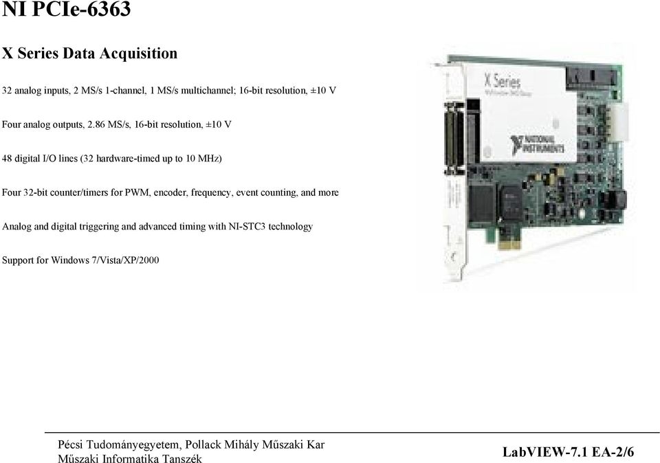 86 MS/s, 16-bit resolution, ±10 V 48 digital I/O lines (32 hardware-timed up to 10 MHz) Four 32-bit