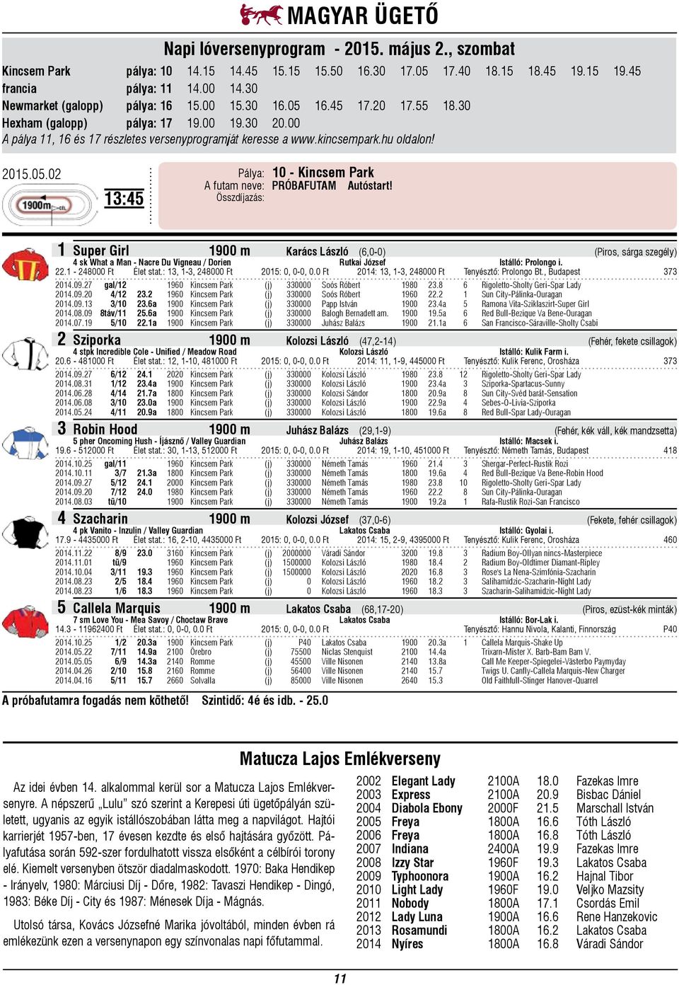Összdíjazás: 1 Super Girl 1900 m Karács László (6,0-0) (Piros, sárga szegély) 4 sk What a Man - Nacre Du Vigneau / Dorien Rutkai József Istálló: Prolongo i. 22.1-248000 Ft Élet stat.