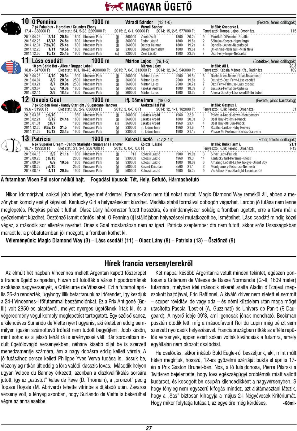 2a 9 Pinokkió-O'Pennina-Rozália 2015.02.28 13/13 24.8a 1800 Kincsem Park (j) 360000 Fodor László 1800 19.8a 12 Sóhajka-Keeper-Napraforgó 2014.12.31 7táv/10 26.