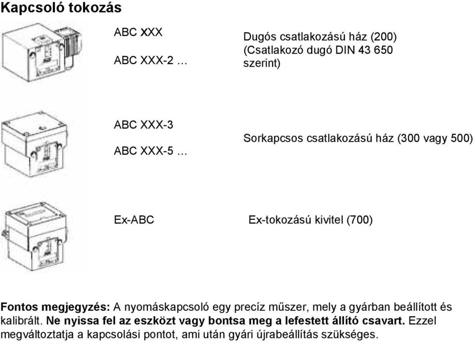 nyomáskapcsoló egy precíz műszer, mely a gyárban beállított és kalibrált.