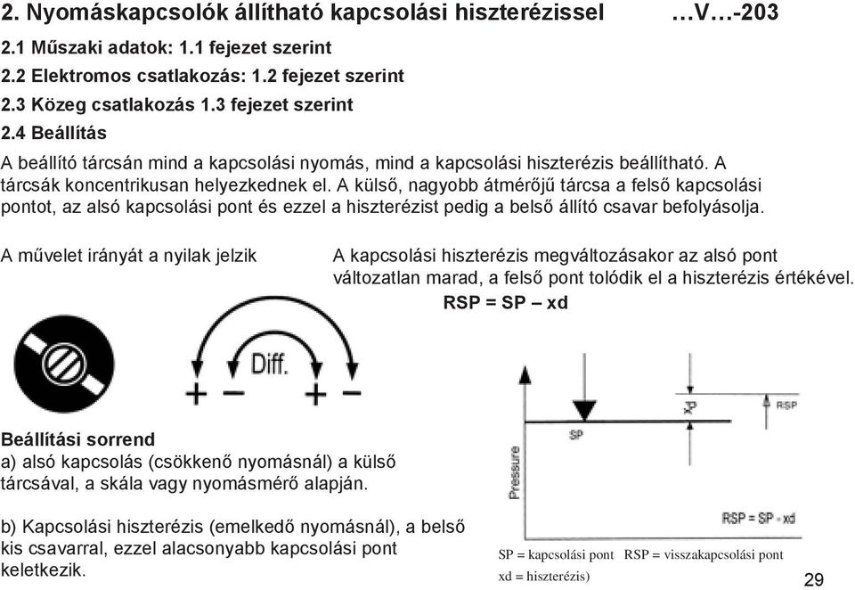 A külső, nagyobb átmérőjű tárcsa a felső kapcsolási pontot, az alsó kapcsolási pont és ezzel a hiszterézist pedig a belső állító csavar befolyásolja.