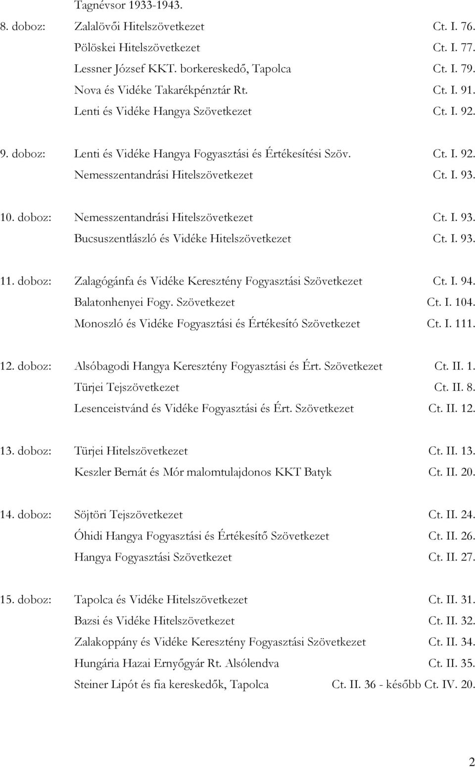 doboz: Nemesszentandrási Hitelszövetkezet Ct. I. 93. Bucsuszentlászló és Vidéke Hitelszövetkezet Ct. I. 93. 11. doboz: Zalagógánfa és Vidéke Keresztény Fogyasztási Szövetkezet Ct. I. 94.