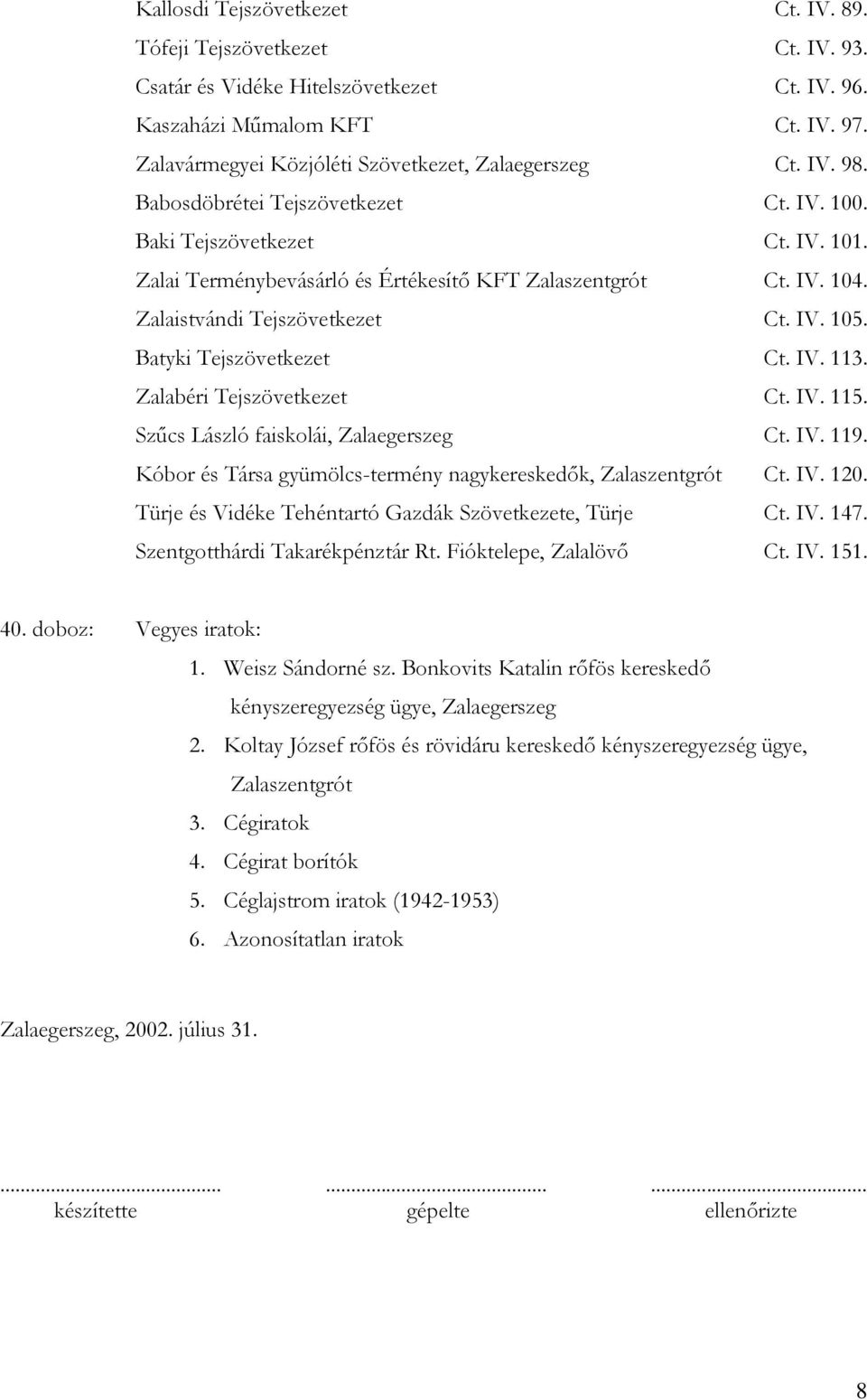 Zalaistvándi Tejszövetkezet Ct. IV. 105. Batyki Tejszövetkezet Ct. IV. 113. Zalabéri Tejszövetkezet Ct. IV. 115. Szűcs László faiskolái, Zalaegerszeg Ct. IV. 119.