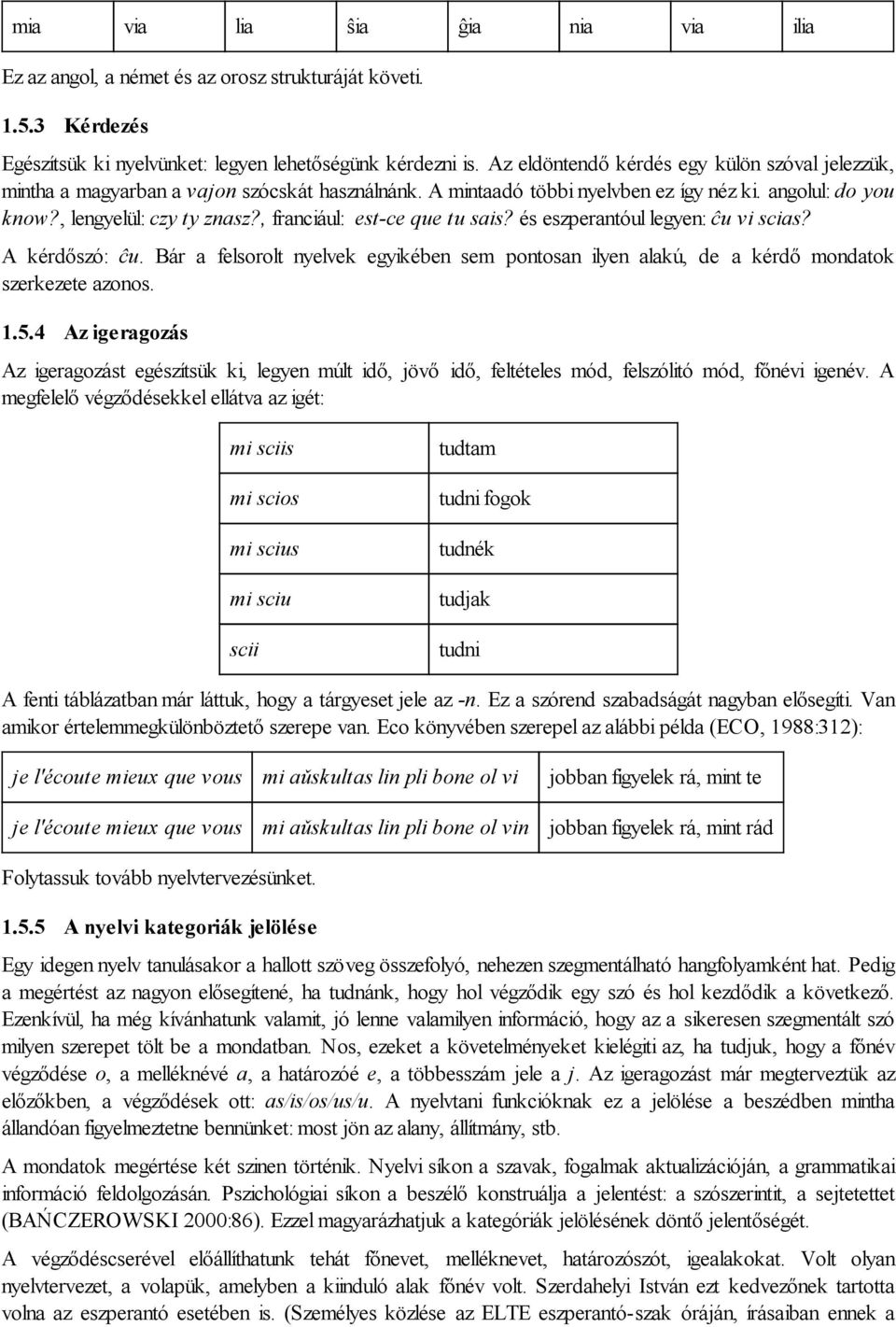 , franciául: est-ce que tu sais? és eszperantóul legyen: ĉu vi scias? A kérdőszó: ĉu. Bár a felsorolt nyelvek egyikében sem pontosan ilyen alakú, de a kérdő mondatok szerkezete azonos. 1.5.