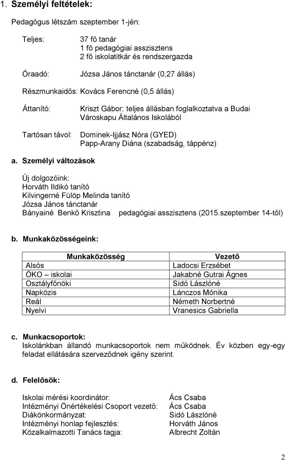 (szabadság, táppénz) a. Személyi változások Új dolgozóink: Horváth Ildikó tanító Kilvingerné Fülöp Melinda tanító Józsa János tánctanár Bányainé Benkő Krisztina pedagógiai asszisztens (2015.