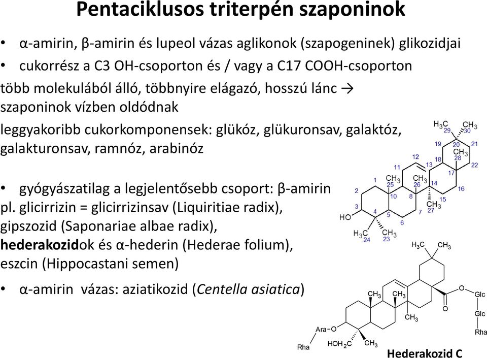 galakturonsav, ramnóz, arabinóz gyógyászatilag a legjelentősebb csoport: β-amirin pl.