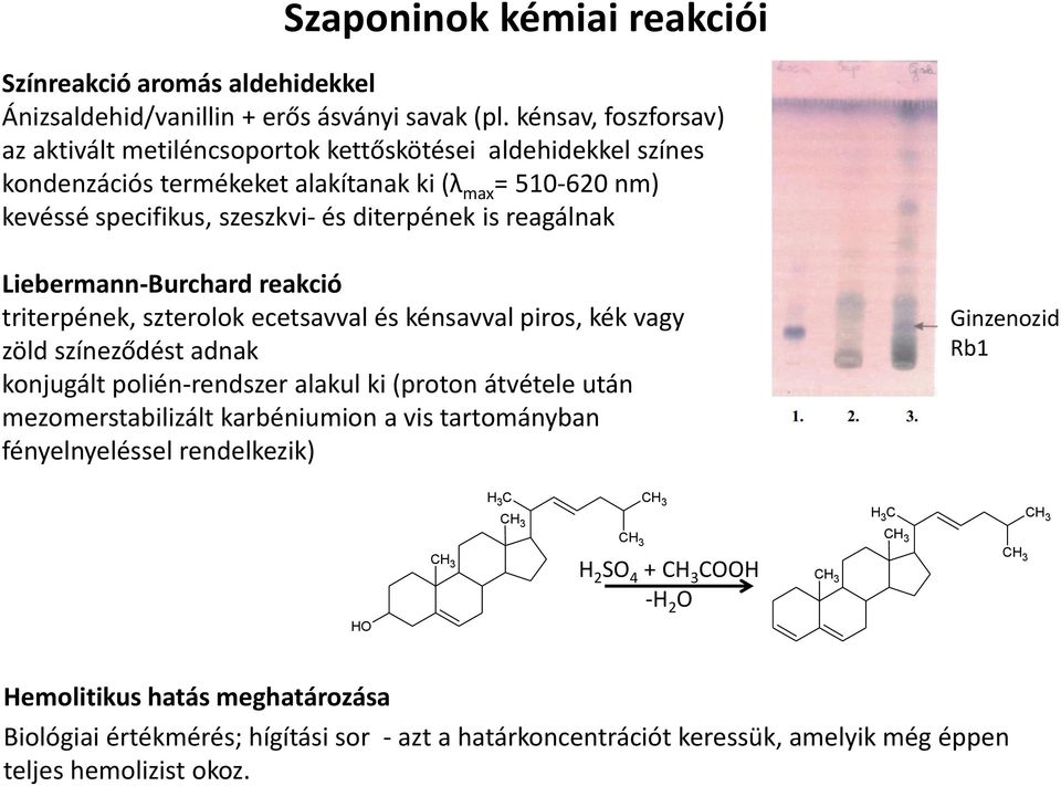 diterpének is reagálnak Liebermann-Burchard reakció triterpének, szterolok ecetsavval és kénsavval piros, kék vagy zöld színeződést adnak konjugált polién-rendszer alakul ki (proton