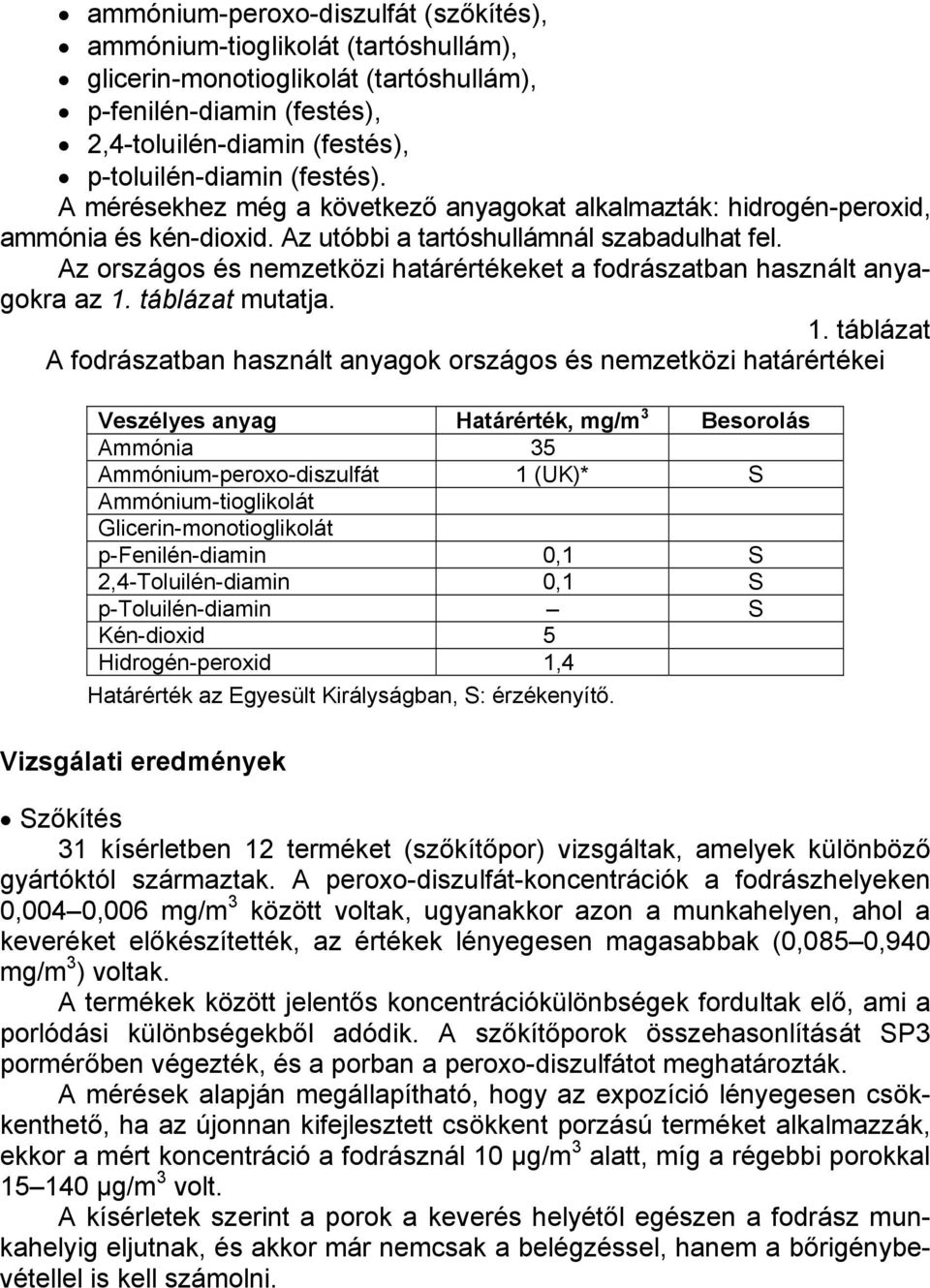 Az országos és nemzetközi határértékeket a fodrászatban használt anyagokra az 1.