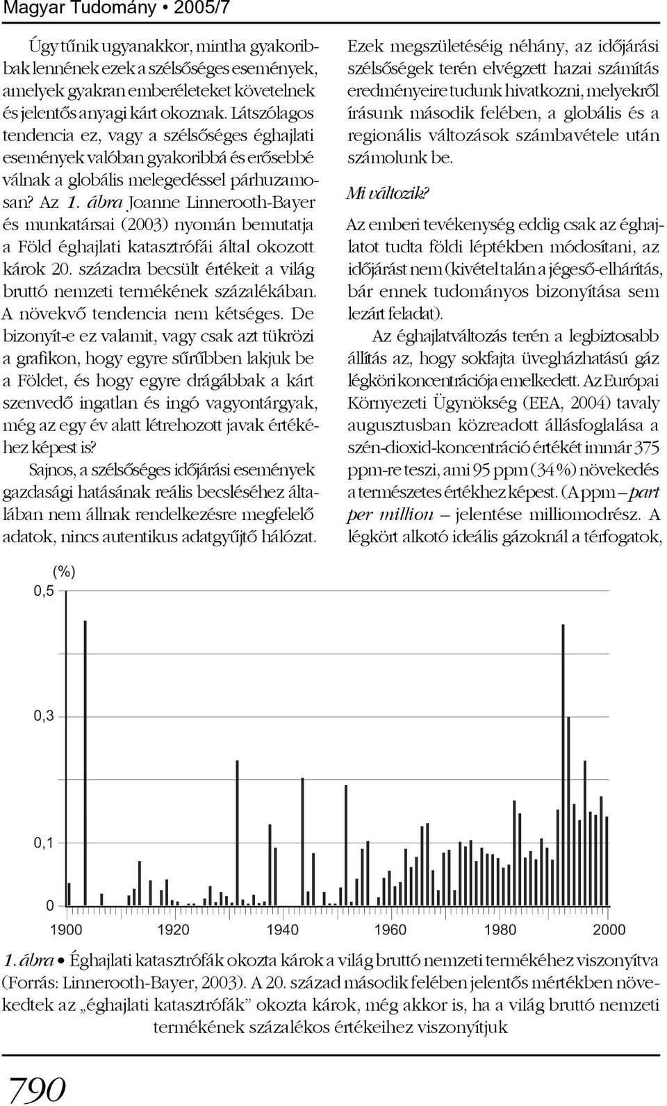 ábra Joanne Linnerooth-Bayer és munkatársai (2003) nyomán bemutatja a Föld éghajlati katasztrófái által okozott károk 20. századra becsült értékeit a világ bruttó nemzeti termékének százalékában.