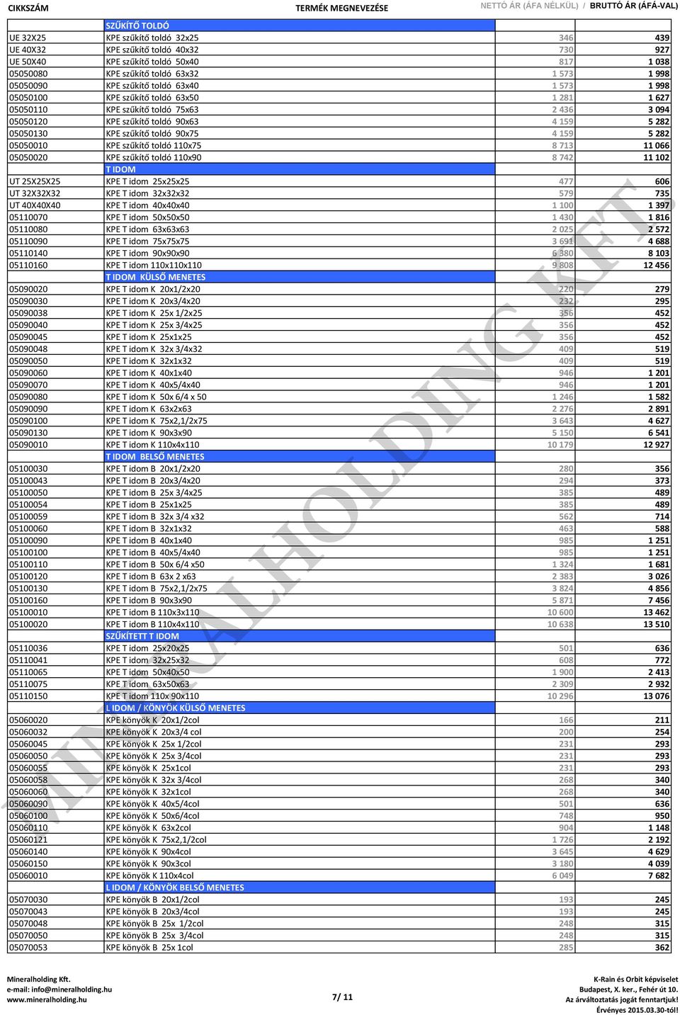 4 159 5 282 05050010 KPE szűkítő toldó 110x75 8 713 11 066 05050020 KPE szűkítő toldó 110x90 8 742 11 102 T IDOM UT 25X25X25 KPE T idom 25x25x25 477 606 UT 32X32X32 KPE T idom 32x32x32 579 735 UT