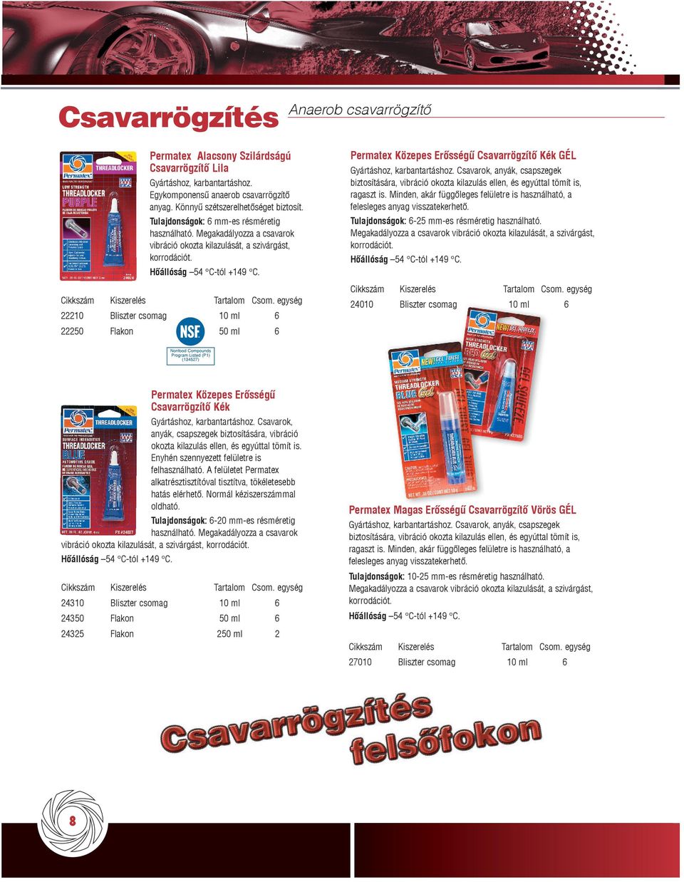 22210 Bliszter csomag 10 ml 6 22250 Flakon 50 ml 6 Permatex Közepes Erõsségû Csavarrögzítõ Kék GÉL Gyártáshoz, karbantartáshoz.