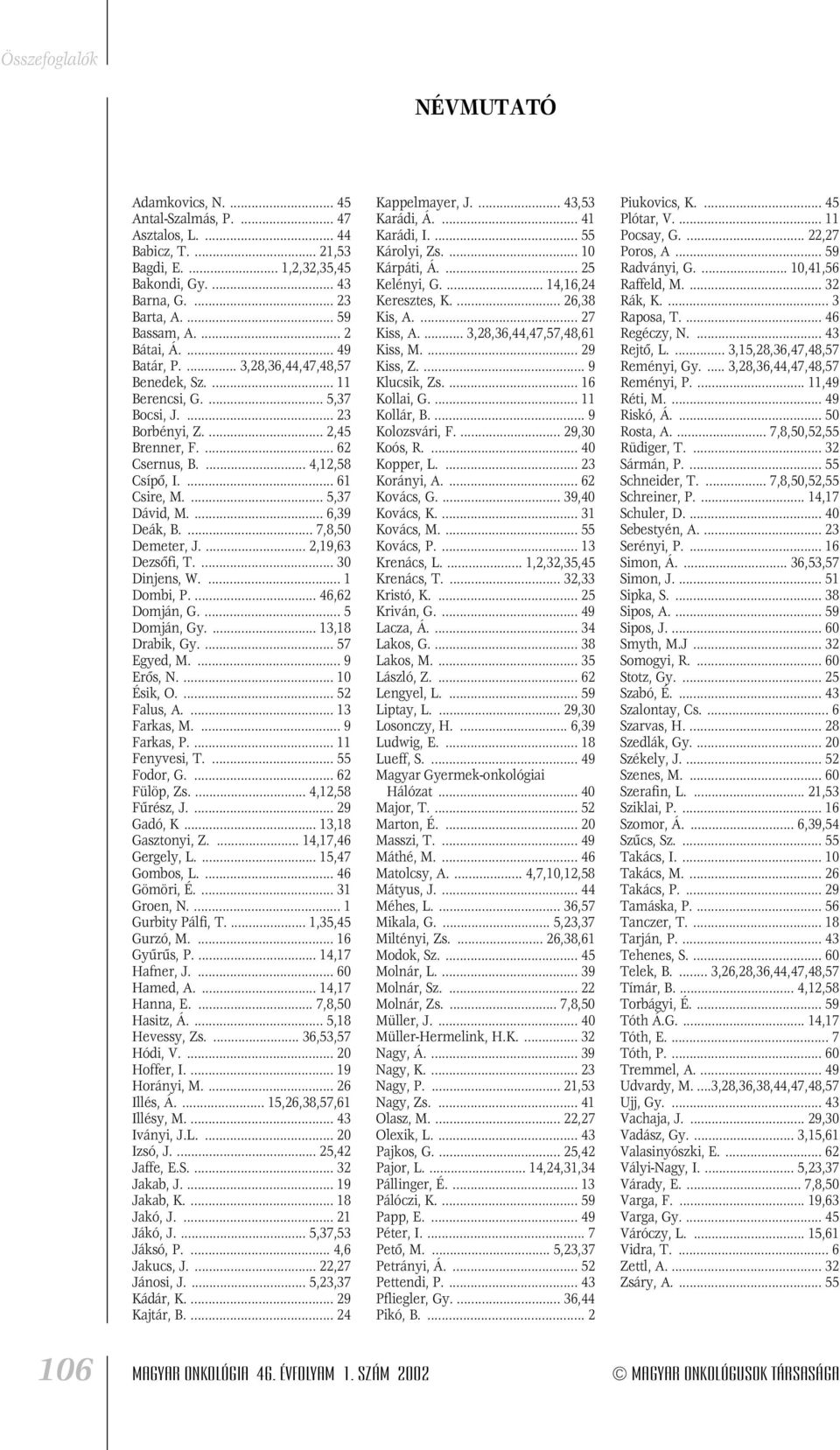 ... 6,39 Deák, B.... 7,8,50 Demeter, J.... 2,19,63 Dezsôfi, T.... 30 Dinjens, W.... 1 Dombi, P.... 46,62 Domján, G.... 5 Domján, Gy.... 13,18 Drabik, Gy.... 57 Egyed, M.... 9 Erôs, N.... 10 Ésik, O.