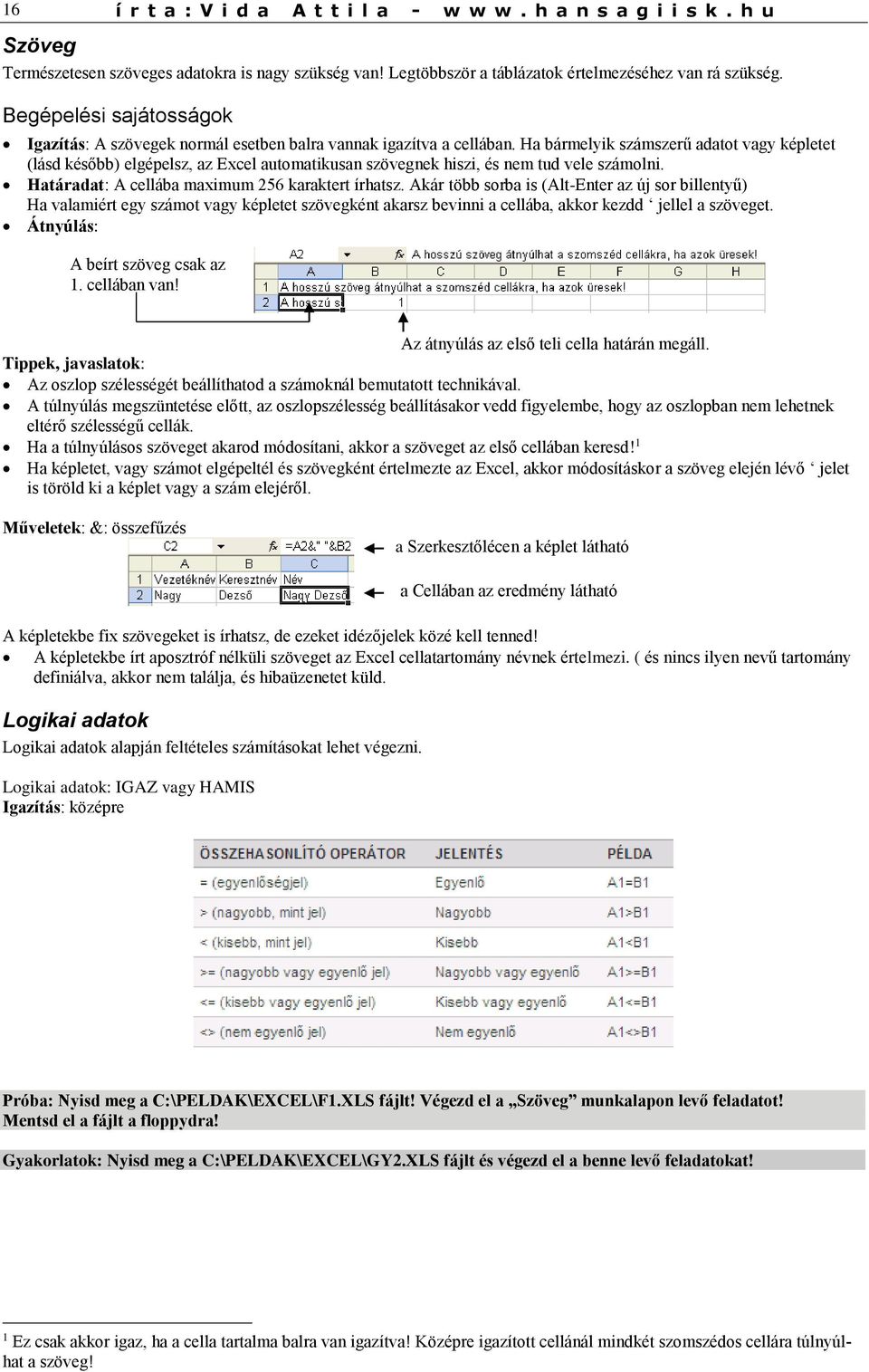 Ha bármelyik számszerű adatot vagy képletet (lásd később) elgépelsz, az Excel automatikusan szövegnek hiszi, és nem tud vele számolni. Határadat: A cellába maximum 256 karaktert írhatsz.