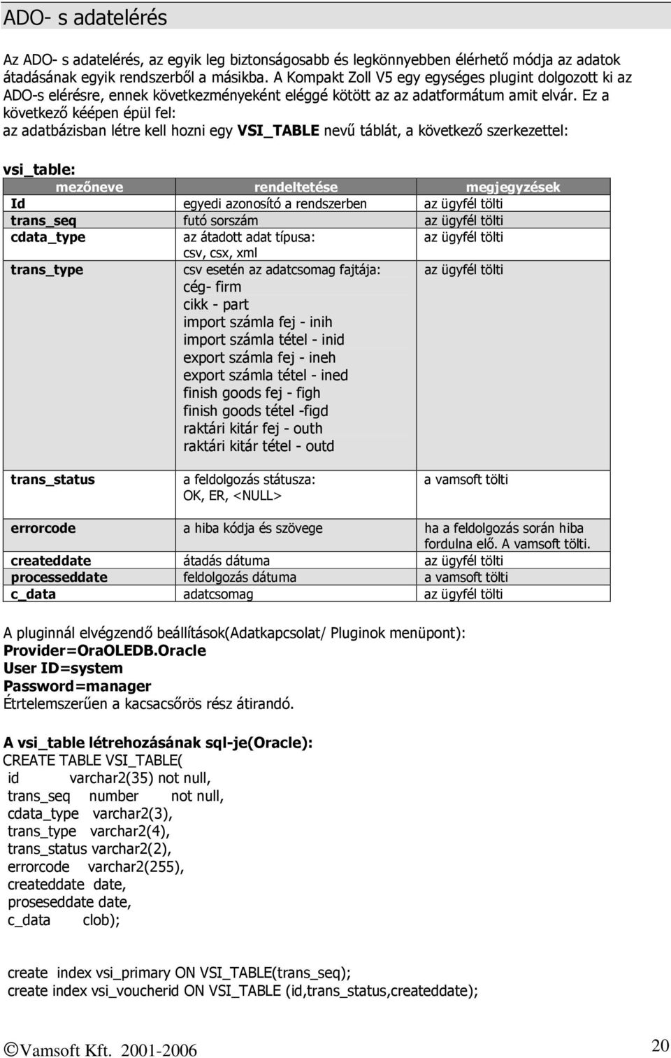 Ez a következő kéépen épül fel: az adatbázisban létre kell hozni egy VSI_TABLE nevű táblát, a következő szerkezettel: vsi_table: mezőneve rendeltetése megjegyzések Id egyedi azonosító a rendszerben