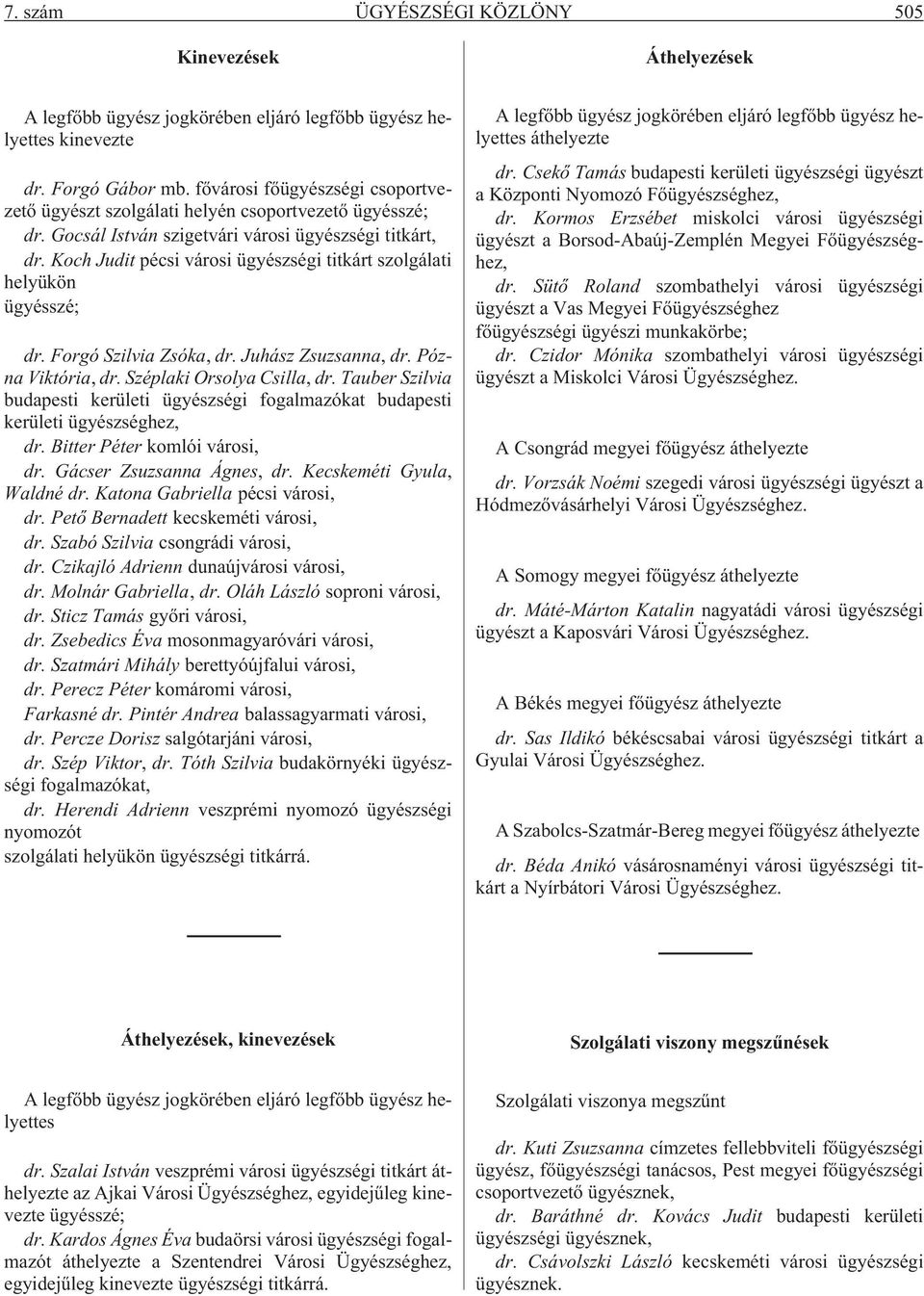 Koch Judit pécsi városi ügyészségi titkárt szolgálati helyükön ügyésszé; dr. Forgó Szilvia Zsóka, dr. Juhász Zsuzsanna, dr. Pózna Viktória, dr. Széplaki Orsolya Csilla, dr.