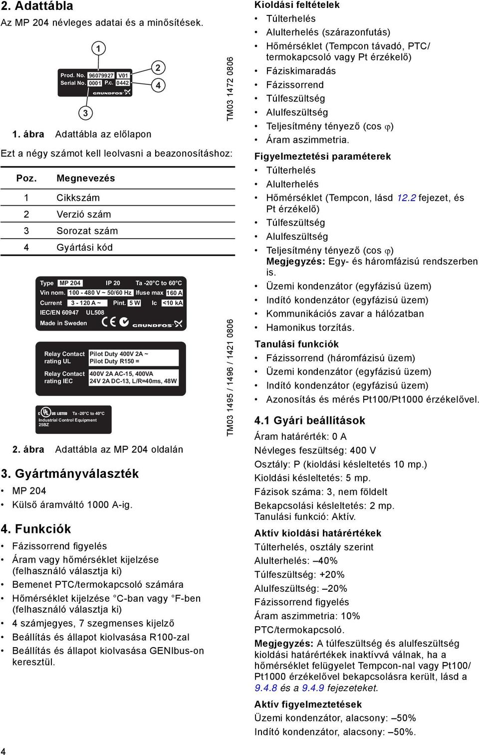 96079927 V01 Serial No. 0001 P.c. 0442 3 2 4 Type MP 204 IP 20 Ta -20 C to 60 C Vin nom. 100-480 V ~ 50/60 Hz Ifuse max 160 A Current 3-120 A ~ Pint.