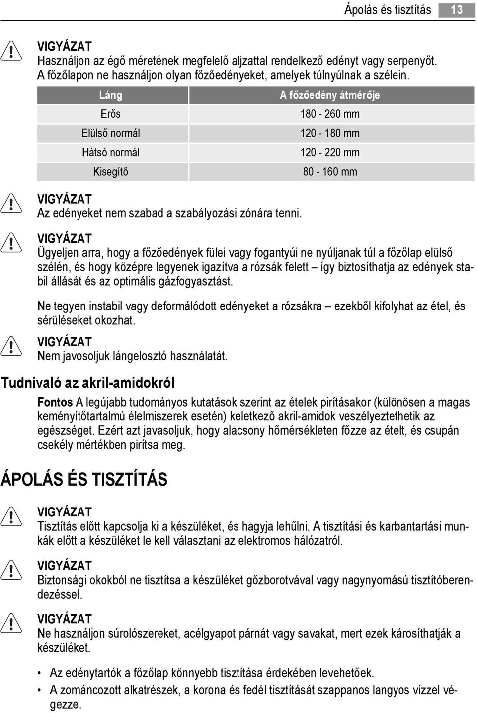 A főzőedény átmérője 180-260 mm 120-180 mm 120-220 mm 80-160 mm Ügyeljen arra, hogy a főzőedények fülei vagy fogantyúi ne nyúljanak túl a főzőlap elülső szélén, és hogy középre legyenek igazítva a