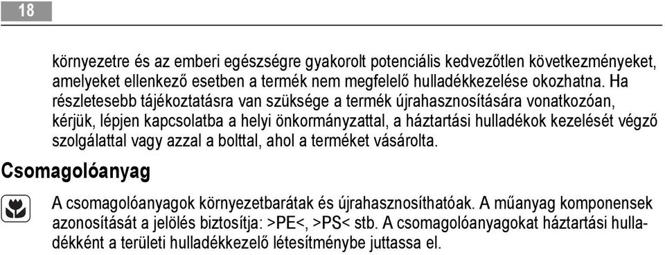 Ha részletesebb tájékoztatásra van szüksége a termék újrahasznosítására vonatkozóan, kérjük, lépjen kapcsolatba a helyi önkormányzattal, a háztartási hulladékok