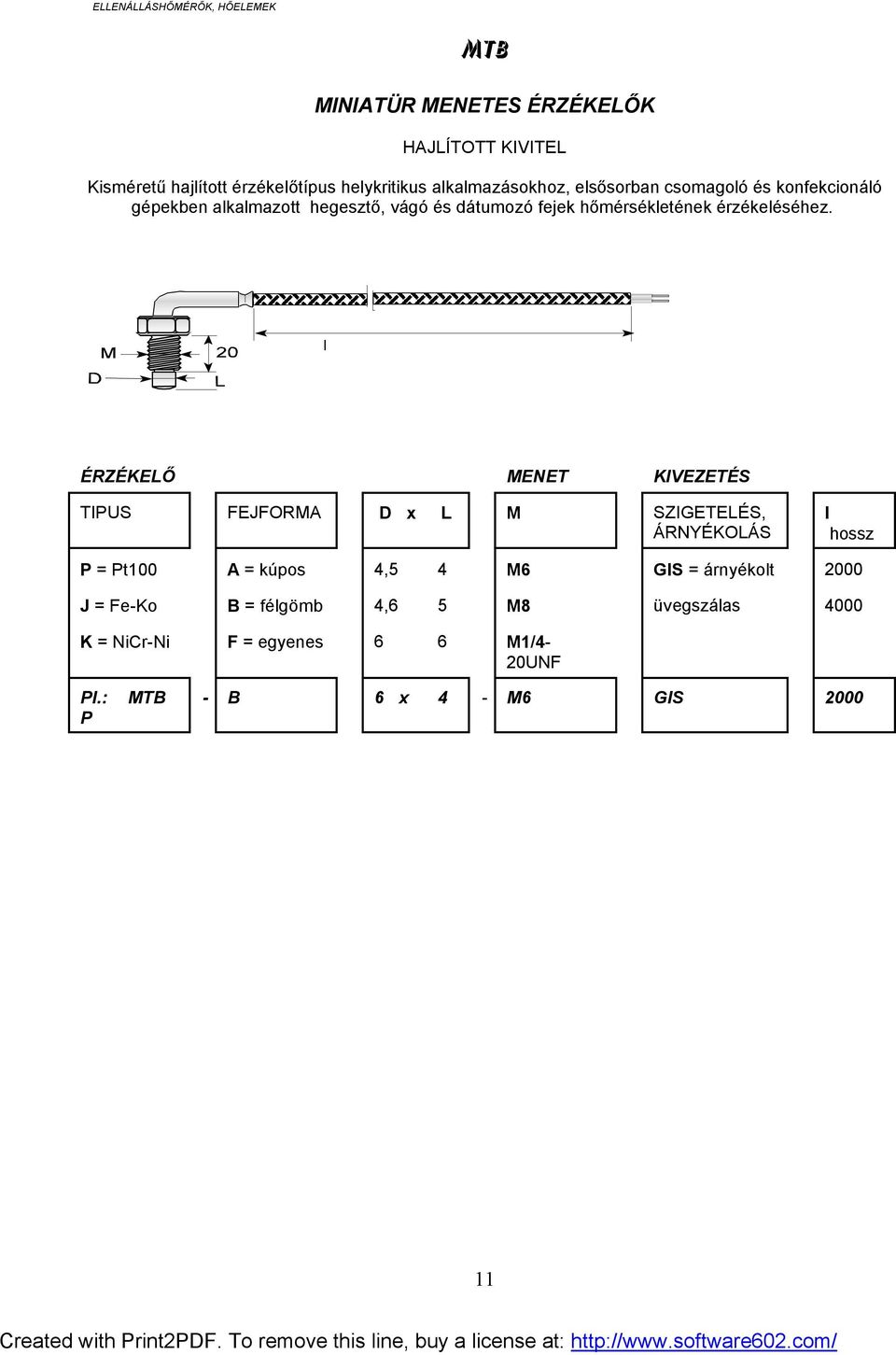ÉRZÉKELŐ MENET KIVEZETÉS TIPUS FEJFORMA D x L M SZIGETELÉS, hossz P = Pt100 A = kúpos 4,5 4 M6 GS = árnyékot 2000
