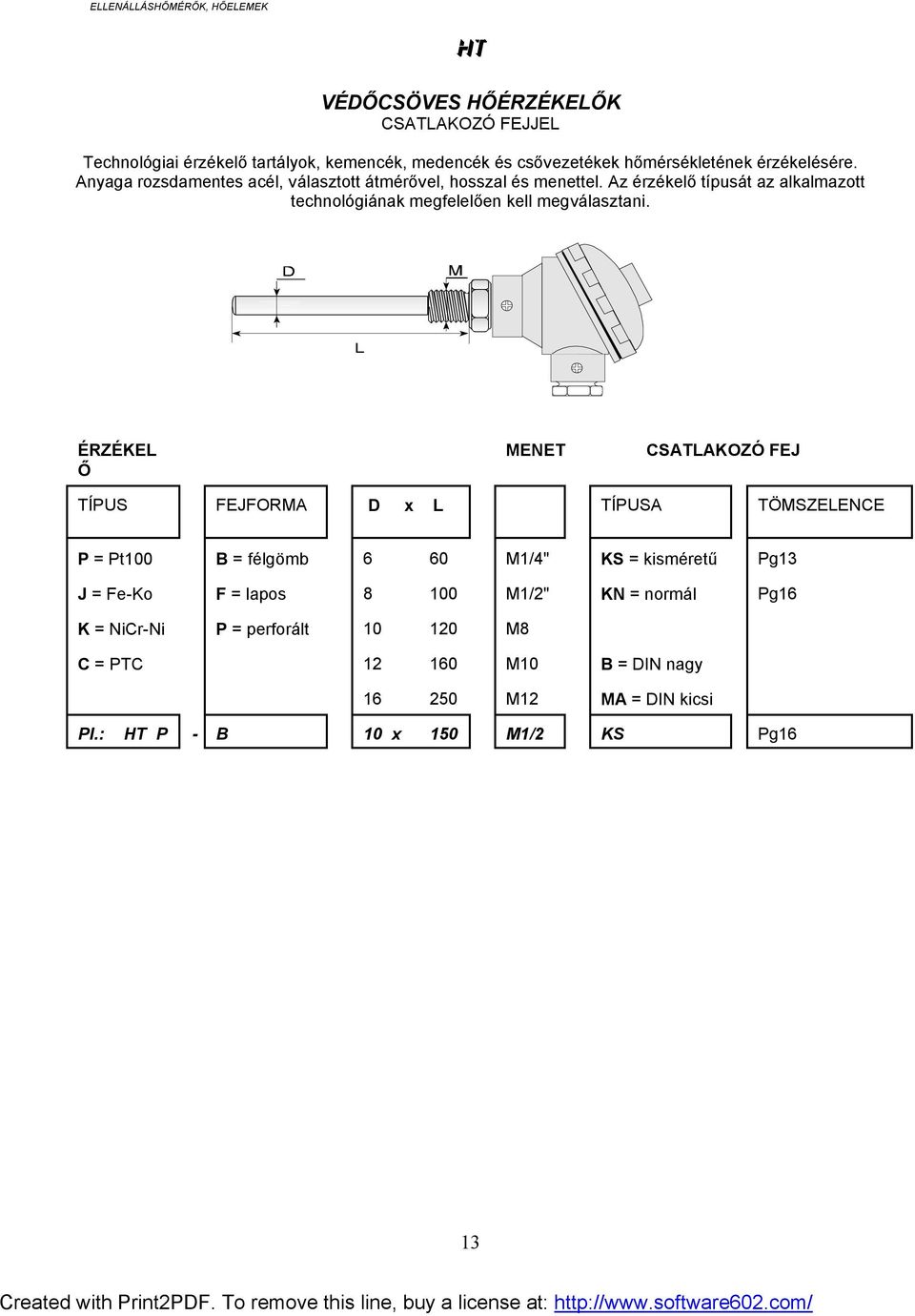 ÉRZÉKEL Ő MENET CSATLAKOZÓ FEJ TÍPUS FEJFORMA D x L TÍPUSA TÖMSZELENCE P = Pt100 B = fégömb 6 60 M1/4" KS = kisméretű Pg13 J = Fe-Ko F = apos 8