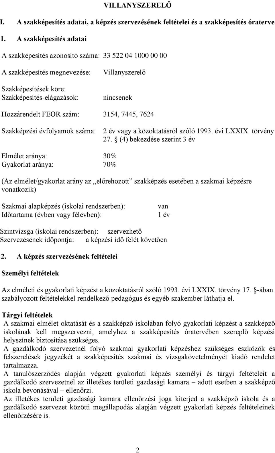 szám: 3154, 7445, 7624 Szakképzési évfolyamok száma: 2 év vagy a közoktatásról szóló 1993. évi LI. törvény 27.