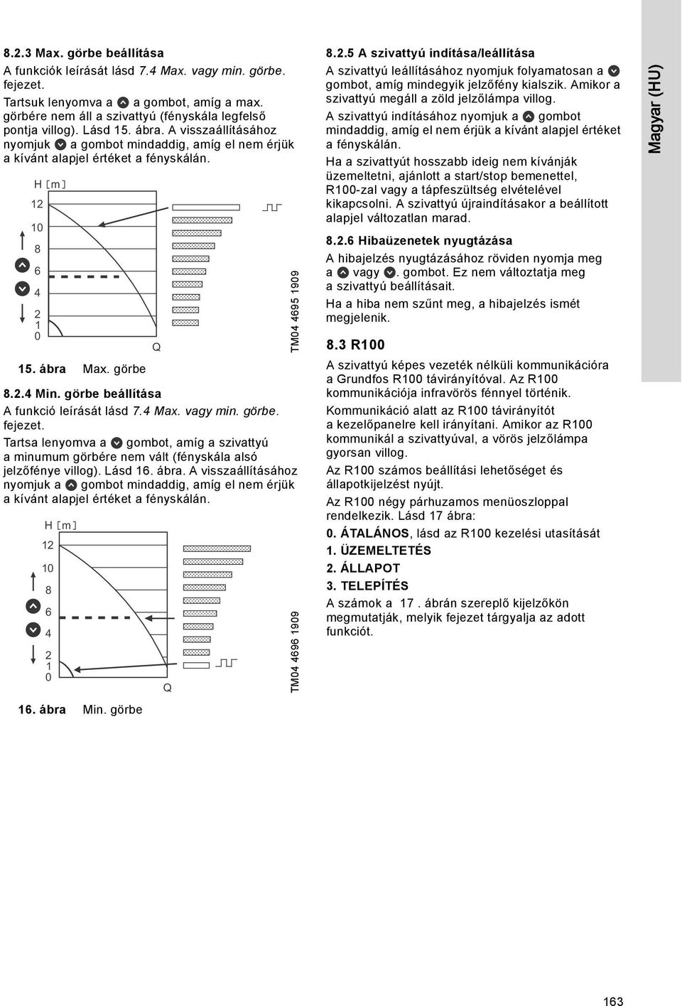 görbe beállítása A funkció leírását lásd 7.4 Max. vagy min. görbe. fejezet. Tartsa lenyomva a gombot, amíg a szivattyú a minumum görbére nem vált (fényskála alsó jelzőfénye villog). Lásd 16. ábra.