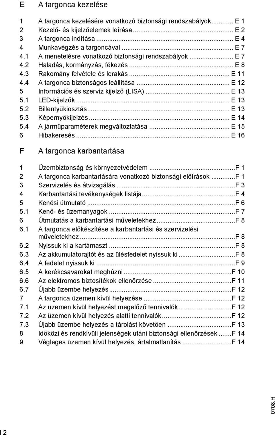 .. E 12 5 Információs és szervíz kijelző (LISA)... E 13 5.1 LED-kijelzők... E 13 5.2 Billentyűkiosztás... E 13 5.3 Képernyőkijelzés... E 14 5.4 A járműparaméterek megváltoztatása... E 15 6 Hibakeresés.