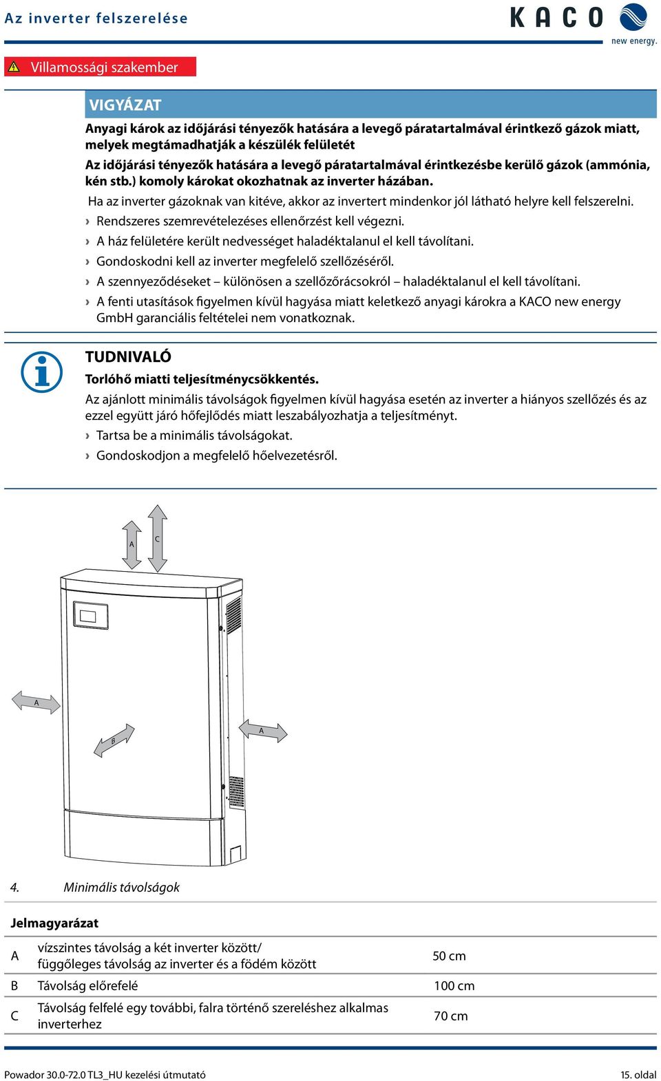 Ha az inverter gázoknak van kitéve, akkor az invertert mindenkor jól látható helyre kell felszerelni. Rendszeres szemrevételezéses ellenőrzést kell végezni.