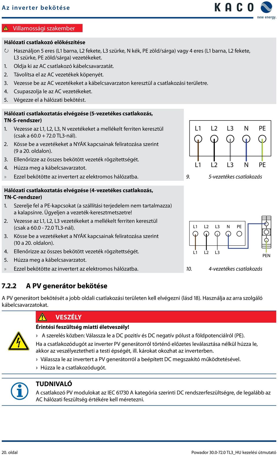 4. Csupaszolja le az AC vezetékeket. 5. Végezze el a hálózati bekötést. Hálózati csatlakoztatás elvégzése (5-vezetékes csatlakozás, TN-S-rendszer) 1.