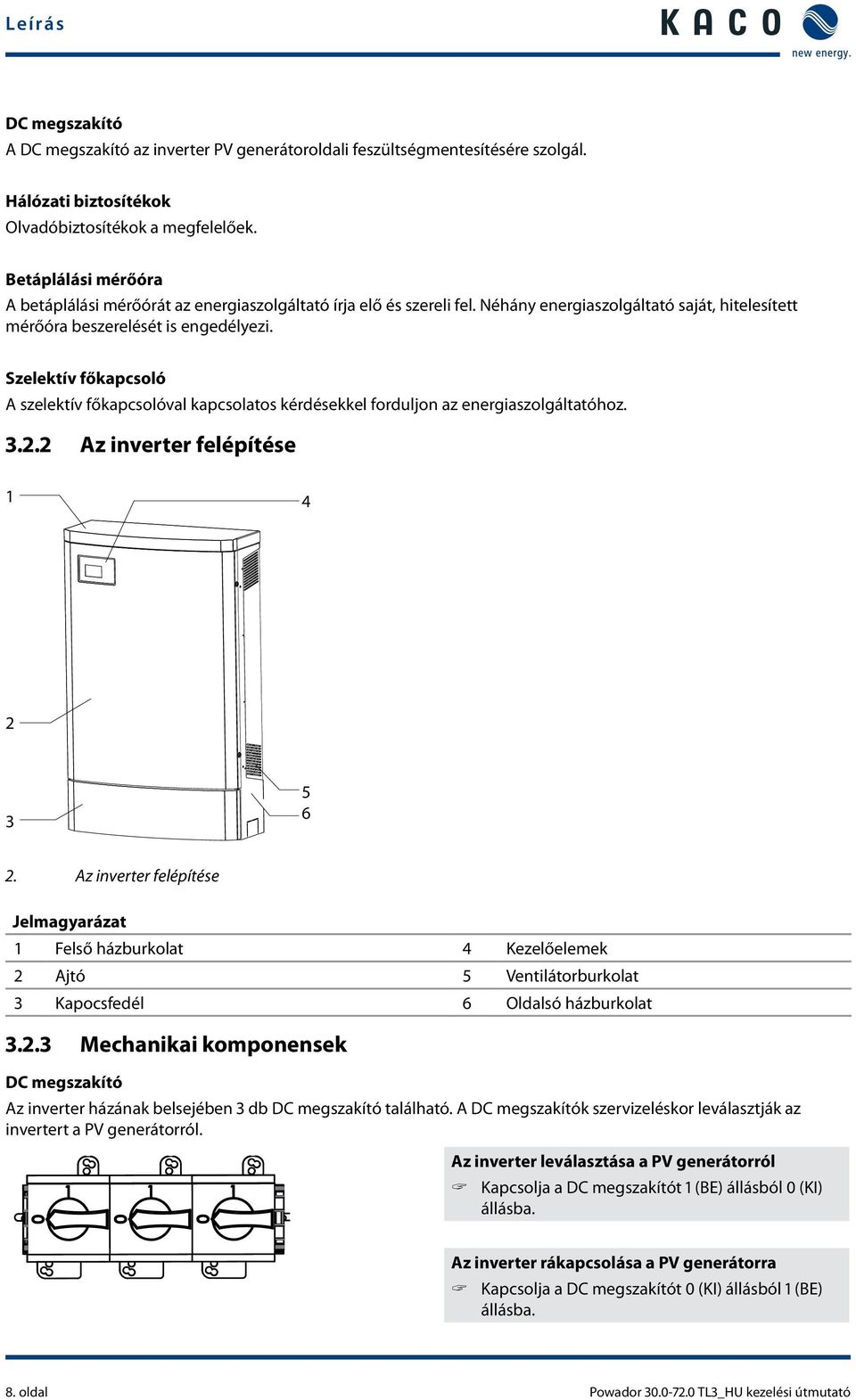 Szelektív főkapcsoló A szelektív főkapcsolóval kapcsolatos kérdésekkel forduljon az energiaszolgáltatóhoz. 3.2.2 Az inverter felépítése 1 4 2 3 5 6 2.