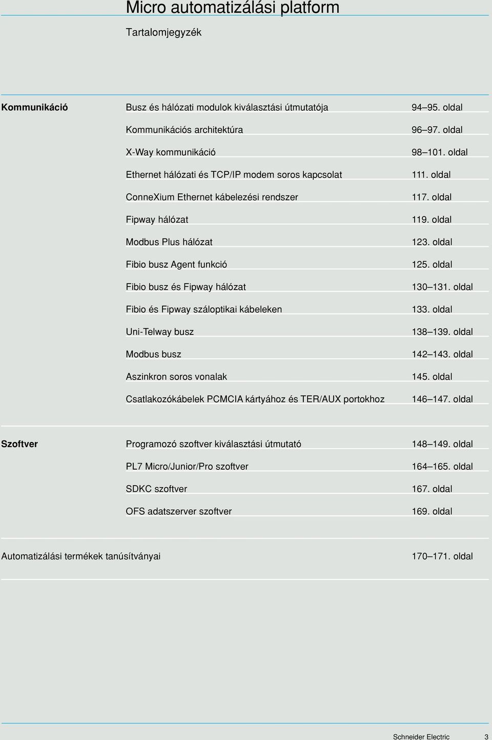 funkció Fibio busz és Fipway hálózat Fibio és Fipway száloptikai kábeleken Uni-Telway busz Modbus busz Aszinkron soros vonalak Csatlakozókábelek PCMCIA kártyához és TER/AUX portokhoz 96 97.