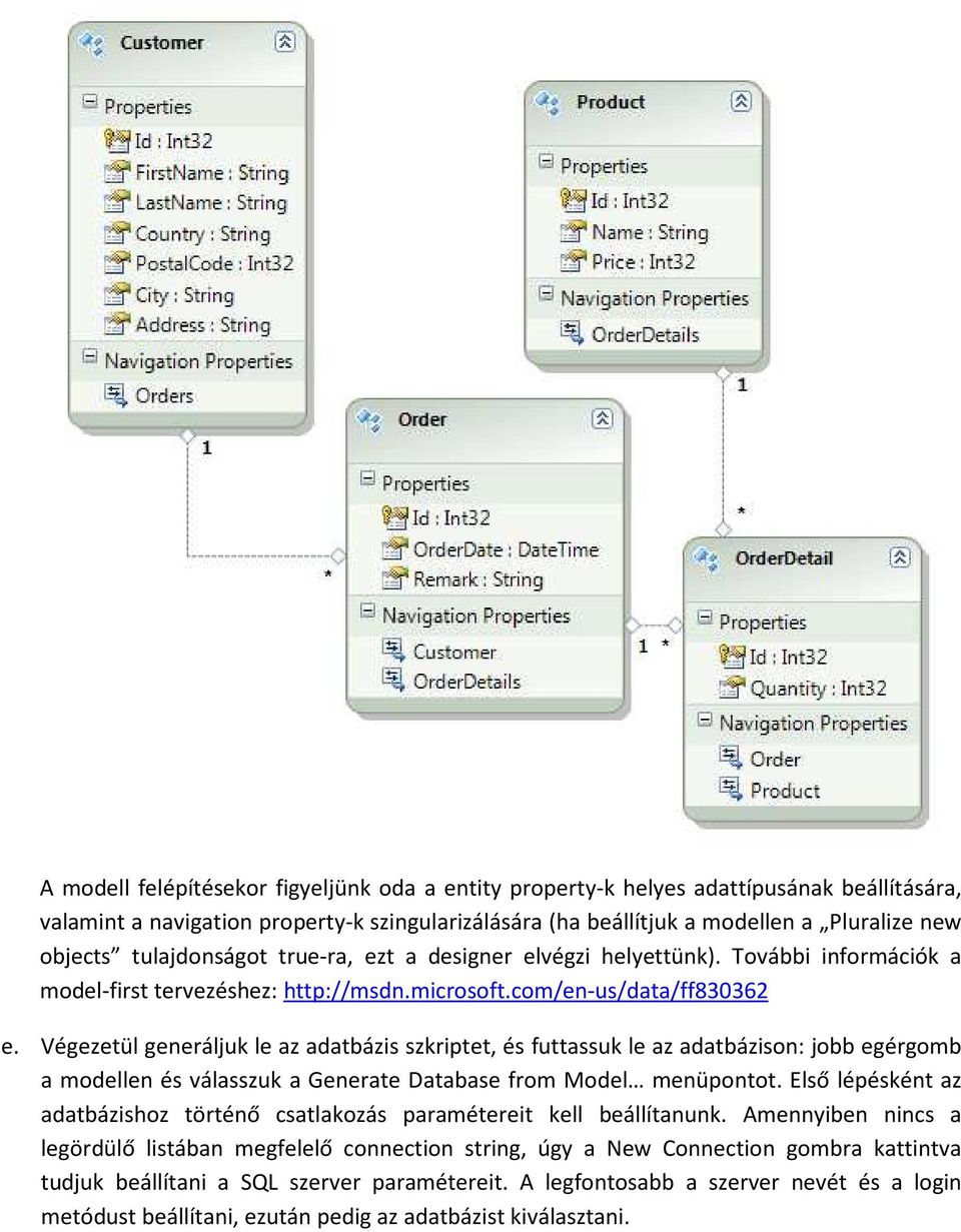 Végezetül generáljuk le az adatbázis szkriptet, és futtassuk le az adatbázison: jobb egérgomb a modellen és válasszuk a Generate Database from Model menüpontot.