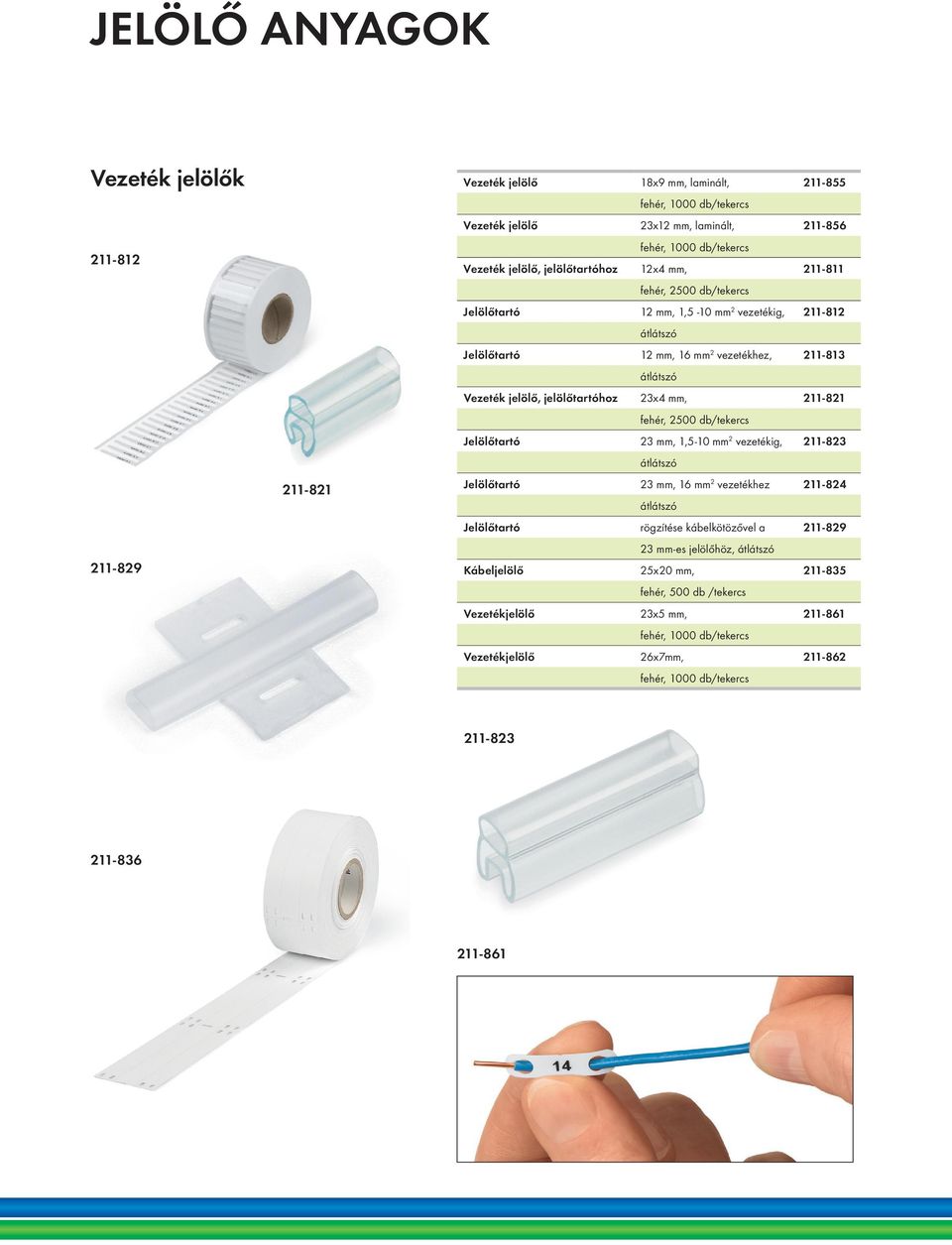 jelölőtartóhoz 23x4 mm, 211-821 fehér, 2500 db/tekercs Jelölőtartó 23 mm, 1,5-10 mm 2 vezetékig, 211-823 átlátszó Jelölőtartó 23 mm, 16 mm 2 vezetékhez 211-824 átlátszó Jelölőtartó rögzítése