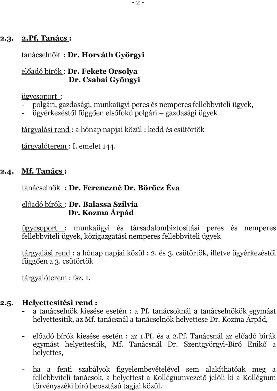 kedd és csütörtök tárgyalóterem : I. emelet 144. 2.4. Mf. Tanács : tanácselnök : Dr. Ferenczné Dr. Böröcz Éva előadó bírók : Dr. Balassa Szilvia Dr.