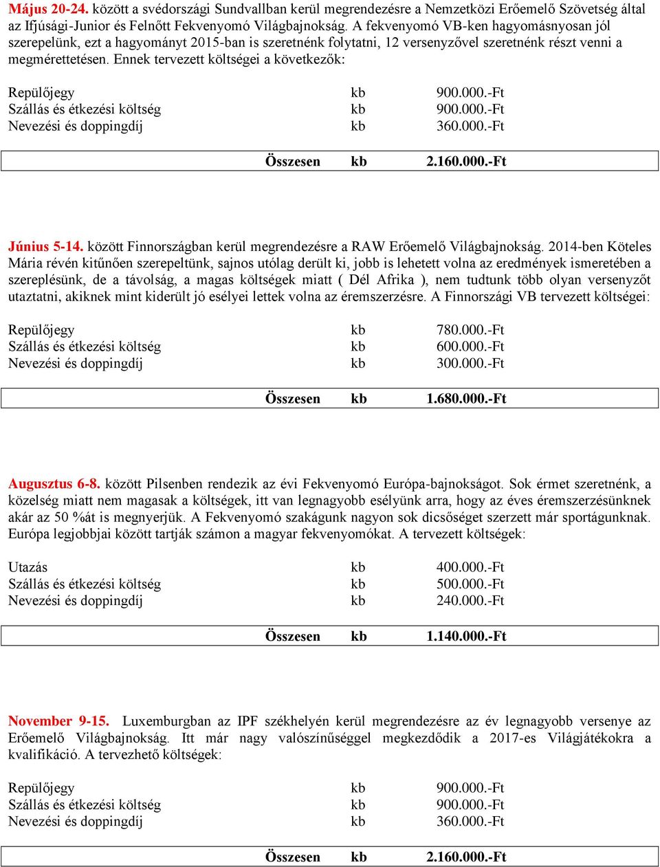 Ennek tervezett költségei a következők: Repülőjegy kb 900.000.-Ft Szállás és étkezési költség kb 900.000.-Ft Nevezési és doppingdíj kb 360.000.-Ft Összesen kb 2.160.000.-Ft Június 5-14.