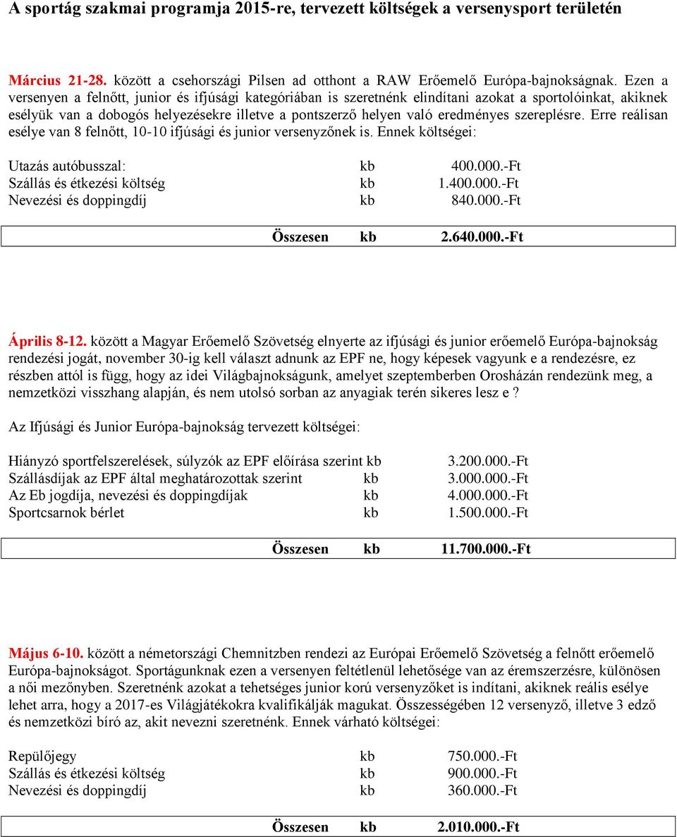 szereplésre. Erre reálisan esélye van 8 felnőtt, 10-10 ifjúsági és junior versenyzőnek is. Ennek költségei: Utazás autóbusszal: kb 400.000.-Ft Szállás és étkezési költség kb 1.400.000.-Ft Nevezési és doppingdíj kb 840.