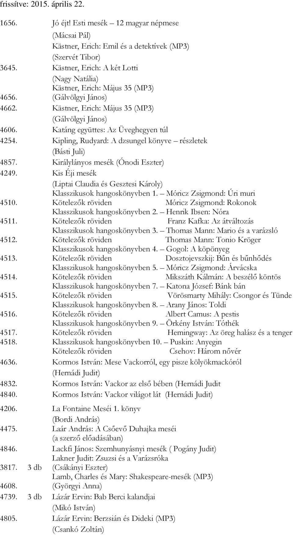 Királylányos mesék (Ónodi Eszter) 4249. Kis Éji mesék (Liptai Claudia és Gesztesi Károly) Klasszikusok hangoskönyvben 1. Móricz Zsigmond: Úri muri 4510.