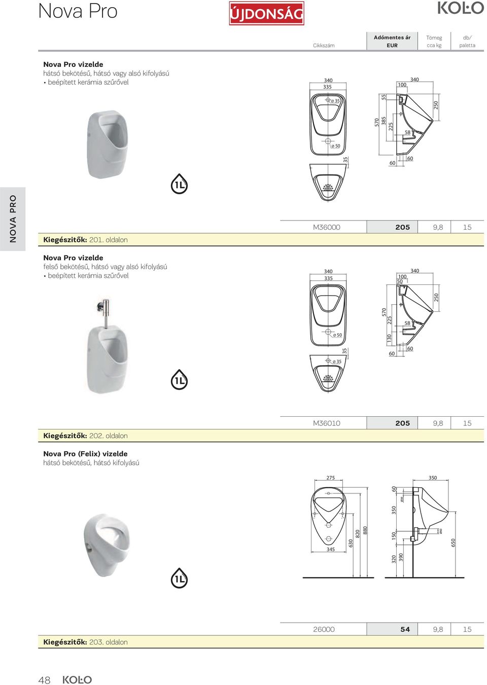 oldalon M36000 205 9,8 15 Nova Pro vizelde felső bekötésű, hátsó vagy alsó kifolyású beépített kerámia szűrővel 340 335
