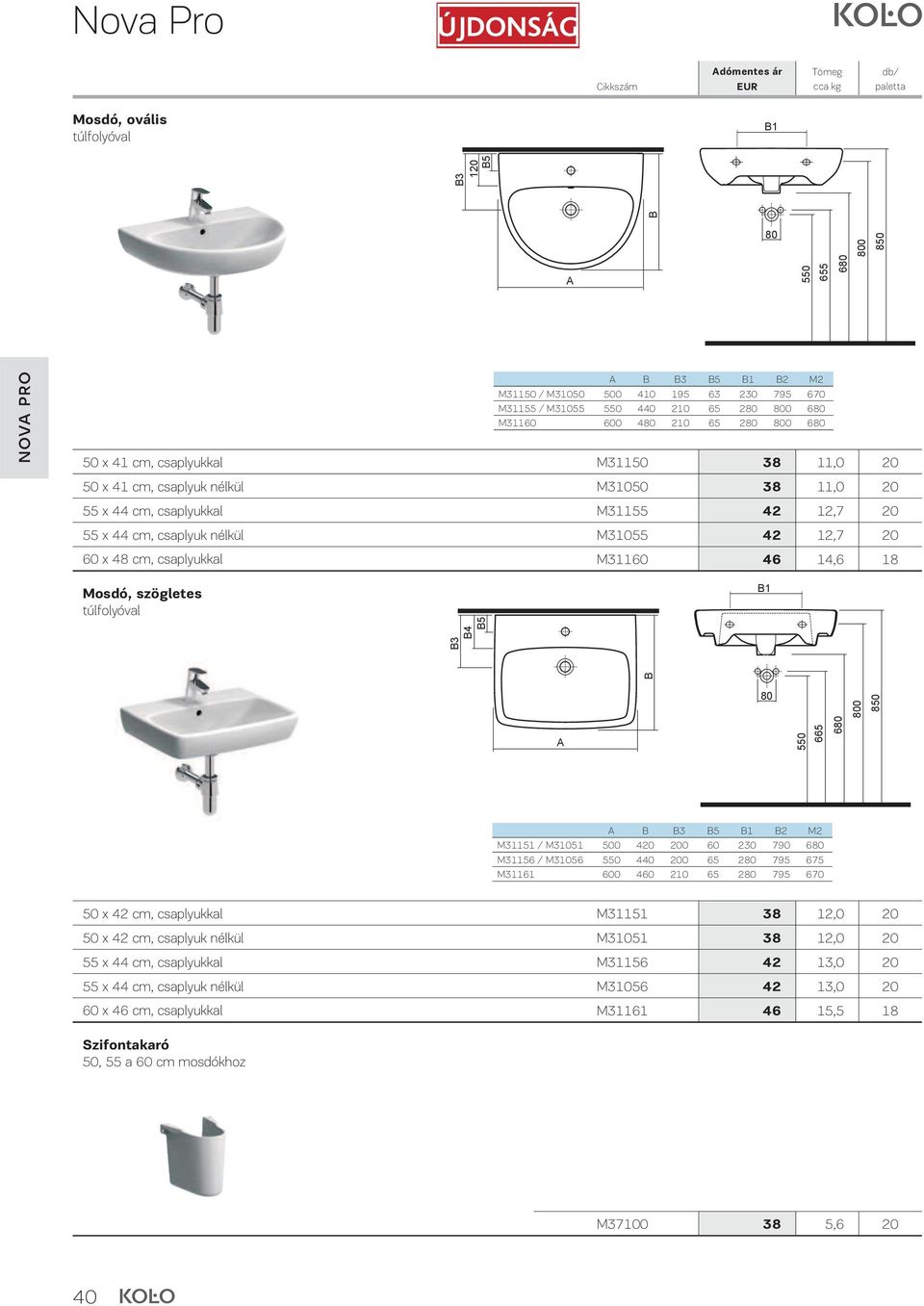 csaplyukkal M31160 46 14,6 18 Mosdó, szögletes túlfolyóval B1 B B3 B4 B5 80 800 A 550 665 680 A B B3 B5 B1 B2 M2 M31151 / M31051 500 420 200 60 230 790 680 M31156 / M31056 550 440 200 65 280 795 675