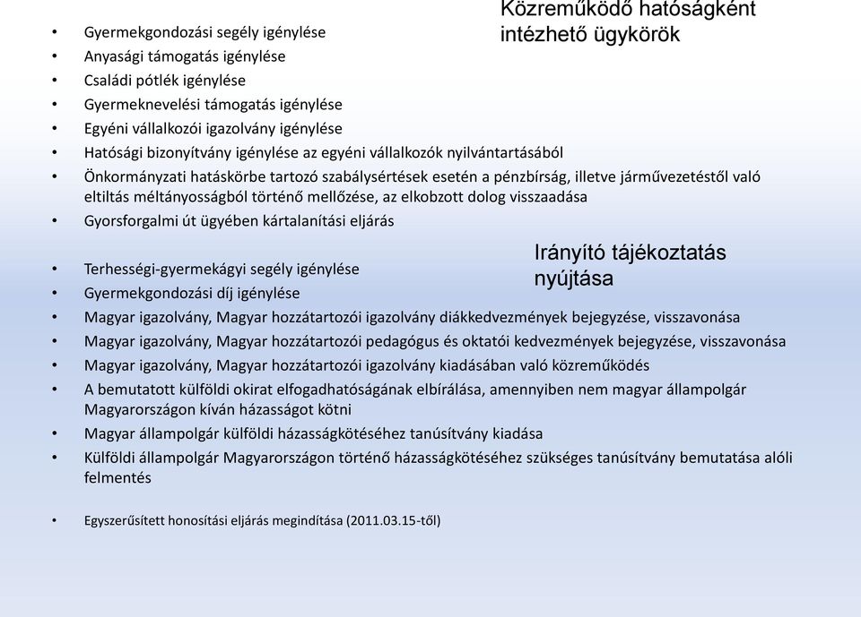 visszaadása Gyorsforgalmi út ügyében kártalanítási eljárás Terhességi-gyermekágyi segély igénylése Gyermekgondozási díj igénylése Magyar igazolvány, Magyar hozzátartozói igazolvány diákkedvezmények