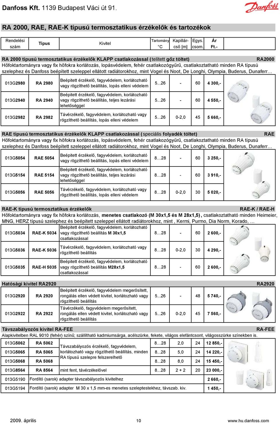 RA típusú szelephez és Danfoss beépített szeleppel ellátott radiátorokhoz, mint Vogel és Noot, De Longhi, Olympia, Buderus, Dunaferr 013G2980 RA 2980 013G2940 RA 2940 013G2982 RA 2982 Beépitett