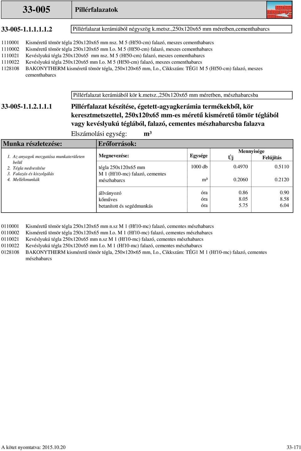 metsz.,250x120x65 mm méretben, ba -1.1.2.1.1.1 Pillérfalazat készítése, égetett-agyagkerámia termékekből, kör vagy kevéslyukú téglából, falazó, cementes ba falazva M 1 (Hf10-mc) falazó, cementes 0.