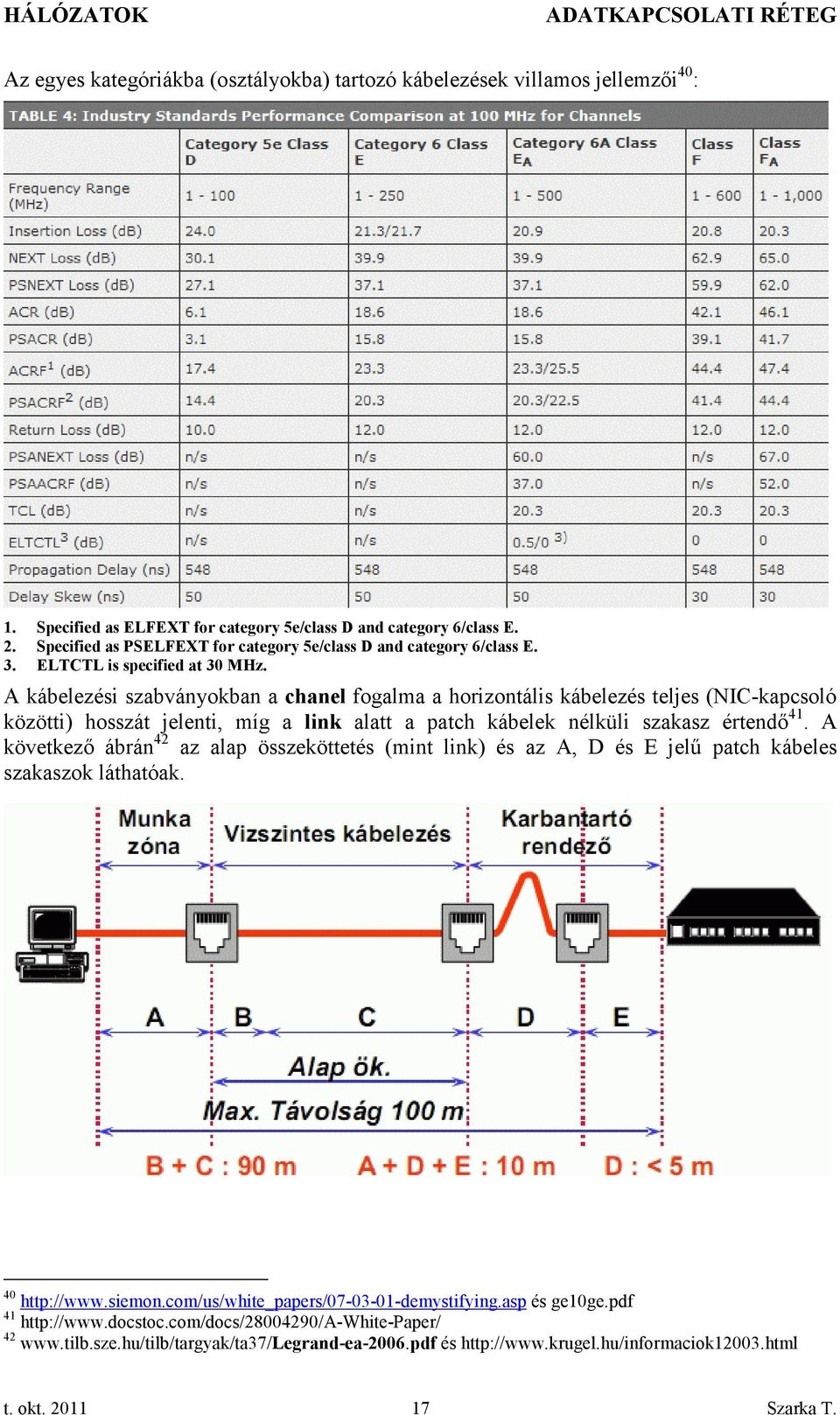 A kábelezési szabványokban a chanel fogalma a horizontális kábelezés teljes (NIC-kapcsoló közötti) hosszát jelenti, míg a link alatt a patch kábelek nélküli szakasz értendő 41.