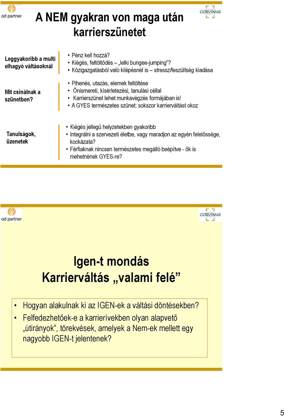 A GYES természetes szünet: sokszor karrierváltást okoz Tanulságok, üzenetek Kiégés jellegű helyzetekben gyakoribb Integrálni a szervezeti életbe, vagy maradjon az egyén felelőssége, kockázata?